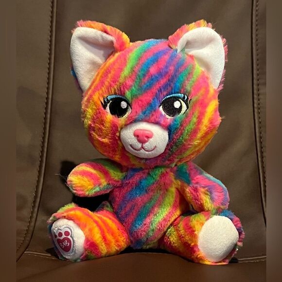 Build-A-Bear 8" Small Fry Buddies Kitty Cat Neon Rainbow Striped Plush BAB - Picture 1 of 4